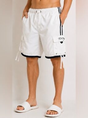 BONGO White Cargo Swim Shorts with Black Trim
